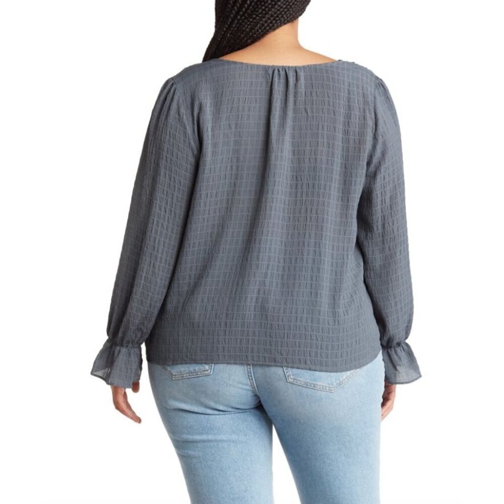 V-Neck Textured Button Blouse 1X Gray/Green Long Sleeve Boho Chic Crinkle Top - Picture 2 of 8